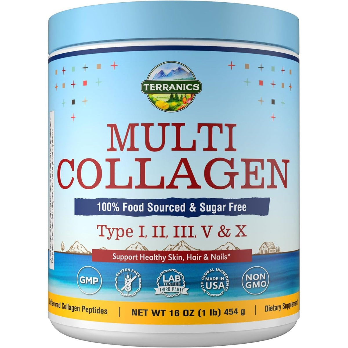 Terranics Multi Collagen Peptides Powder, Type I II III V X Hydrolyzed Collagen for Women+Men, Collagen Supplements, Fast Dissolve, Unflavored Colageno, No Sugar, Keto, 16Oz