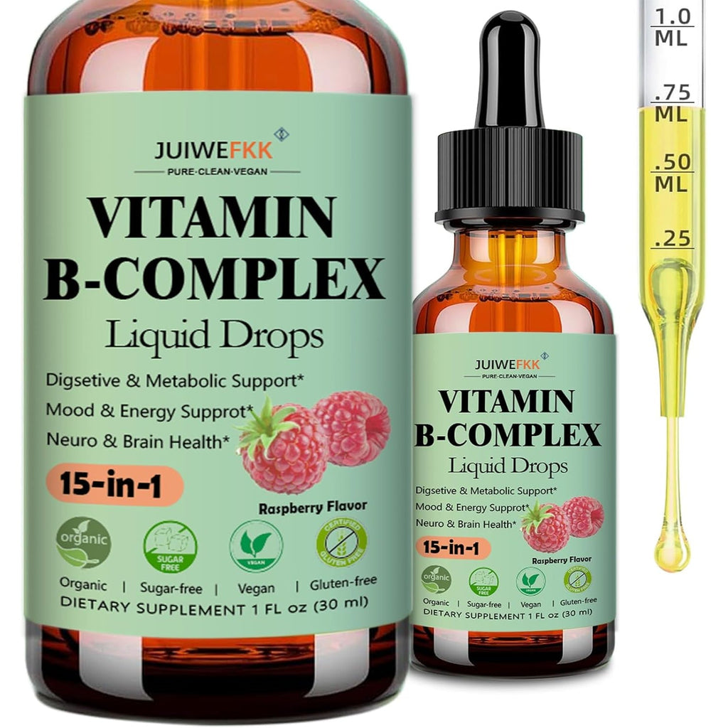 Vitamin B Complex Liquid Drops for Women Men & Kids, 15-In-1 VIT B Complex with Vitamin C B12 B6 B1 Niacin Folate Magnesium for Brain Nerve Neuropathy Energy Mood Health, Sublingual B-Complex Drops