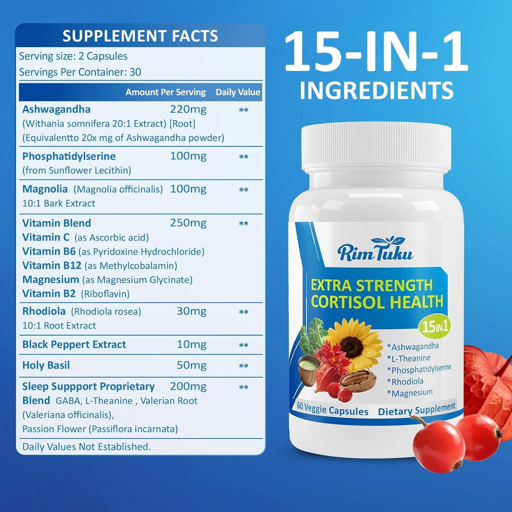 Cortisol Supplements for Women & Men -15-In-1 Cortisol Detox for Women, Cortisol Manager & Reducer with Ashwagandha, Rhodiola Rosea Supports Stress Relief, Adrenal Balance, 60 Capsules