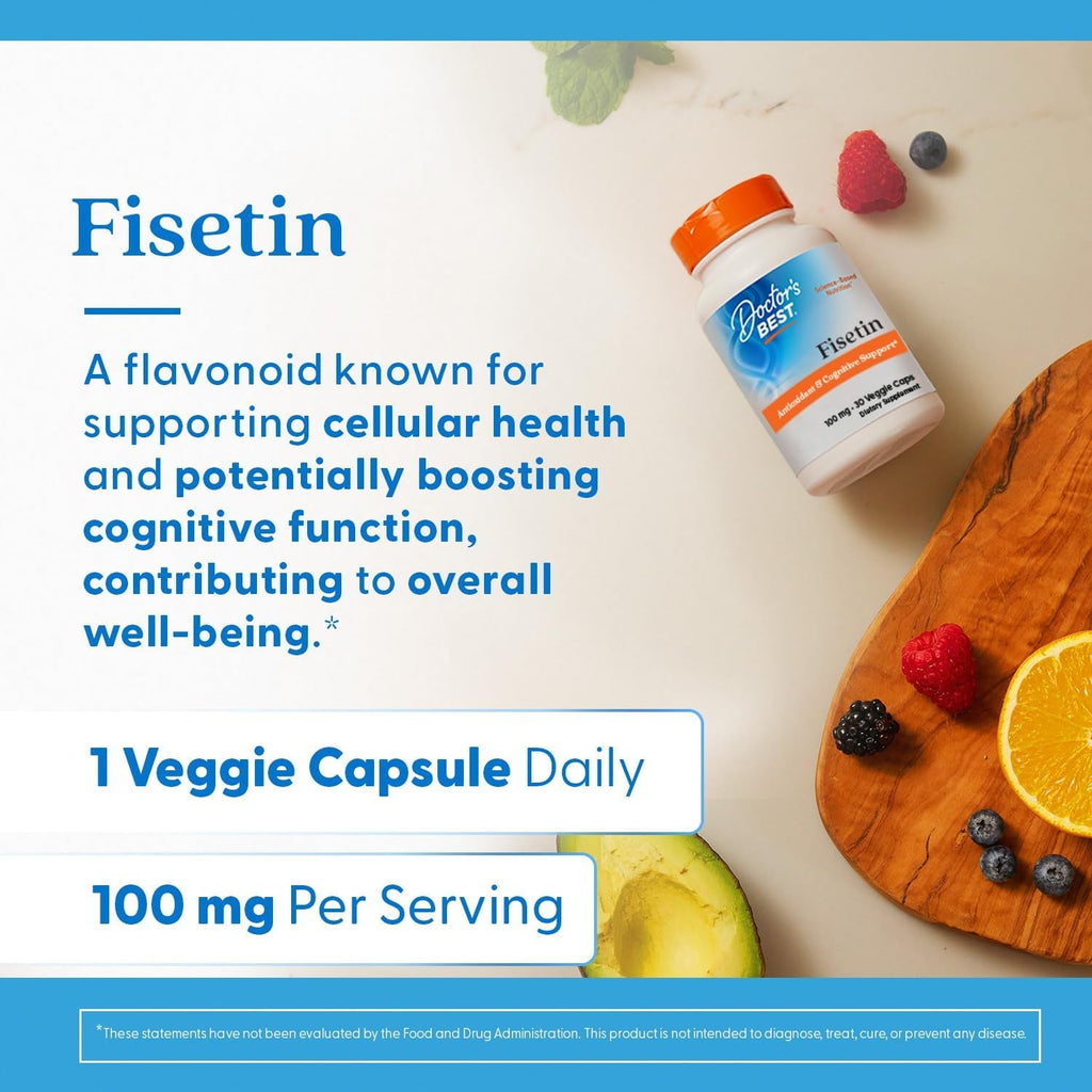 Doctor'S Best Fisetin Supplement 100 Mg for Men & Women - Brain Health & Antioxidant Support, Fisetin Capsules (As Novusetin) 100Mg per Serving, Vegan, Gluten Free, Soy Free, Non GMO - 30 Veg Caps