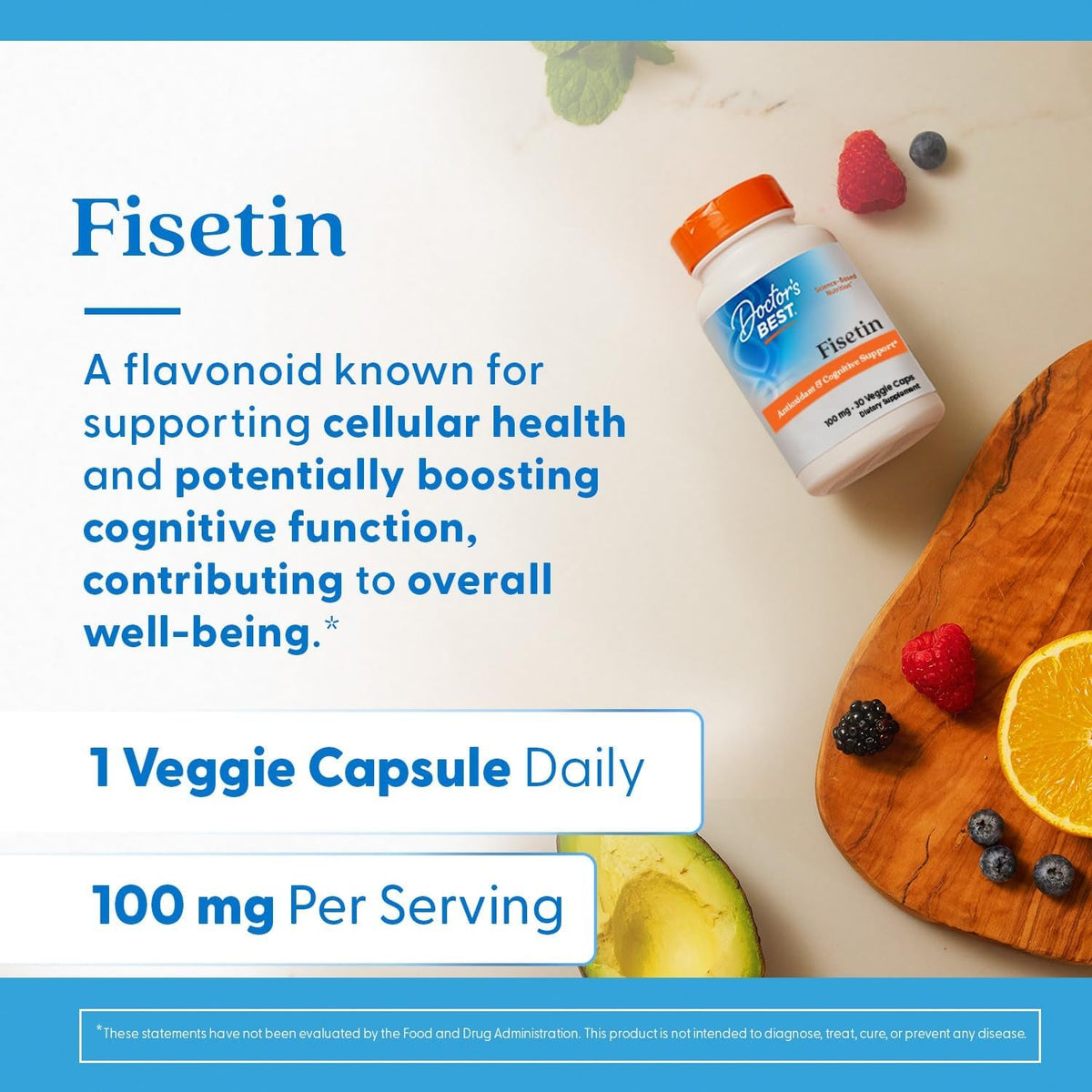 Doctor'S Best Fisetin Supplement 100 Mg for Men & Women - Brain Health & Antioxidant Support, Fisetin Capsules (As Novusetin) 100Mg per Serving, Vegan, Gluten Free, Soy Free, Non GMO - 30 Veg Caps