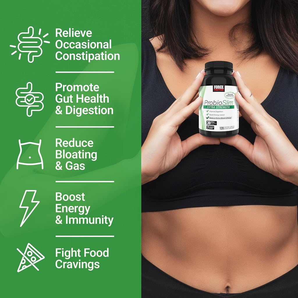 Force Factor Probioslim Extra Strength Probiotics for Women and Men with 30 Billion Cfus of Probiotics for Digestive Health, Bloating Relief, and Gut Health, with Prebiotic Fiber, 120 Capsules
