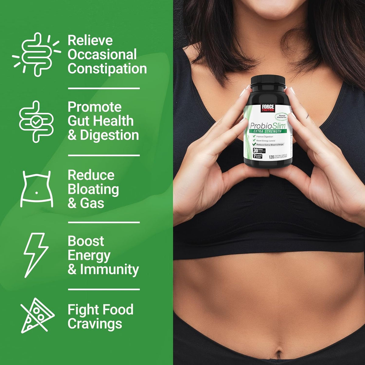 Force Factor Probioslim Extra Strength Probiotics for Women and Men with 30 Billion Cfus of Probiotics for Digestive Health, Bloating Relief, and Gut Health, with Prebiotic Fiber, 120 Capsules