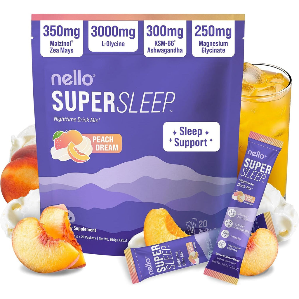Nello Supersleep, Nighttime Sleep Support Drink Mix, Ashwagandha, Maizinol, L-Glycine, Magnesium Glycinate, Peach Dream (Pack of 20)