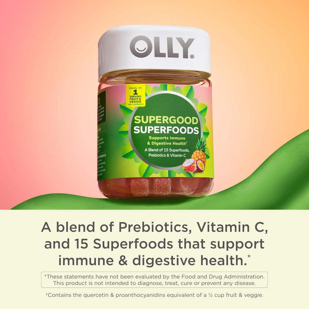 OLLY Supergood Superfoods Gummies, Supports Immune System & Digestive Health,* 15 Superfoods, Prebiotics, Vitamin C, Tropical Bliss Flavor, 20 Day Supply - 60 Count