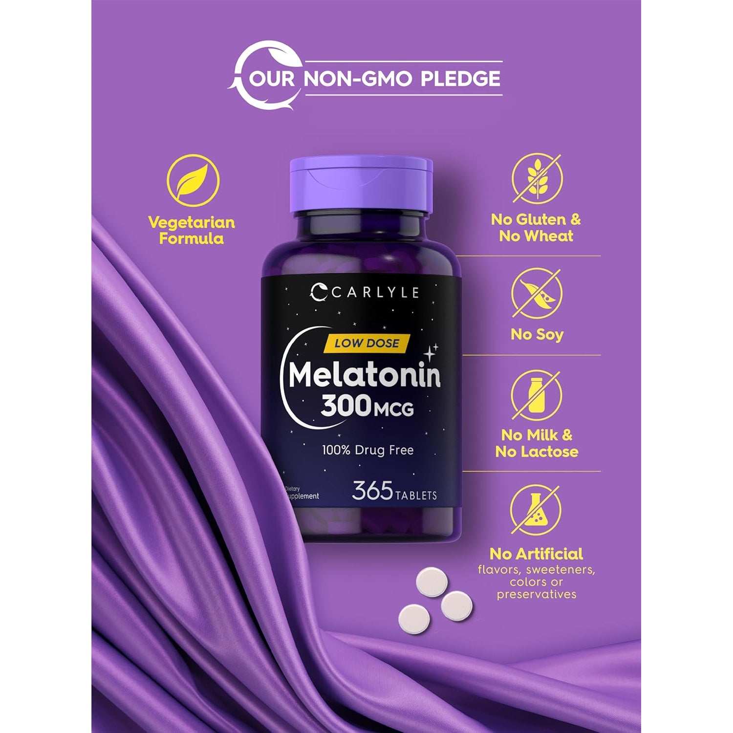Carlyle Melatonin 300 Mcg | 365 Tablets | Low Dose | Vegetarian, Non-Gmo, Gluten Free