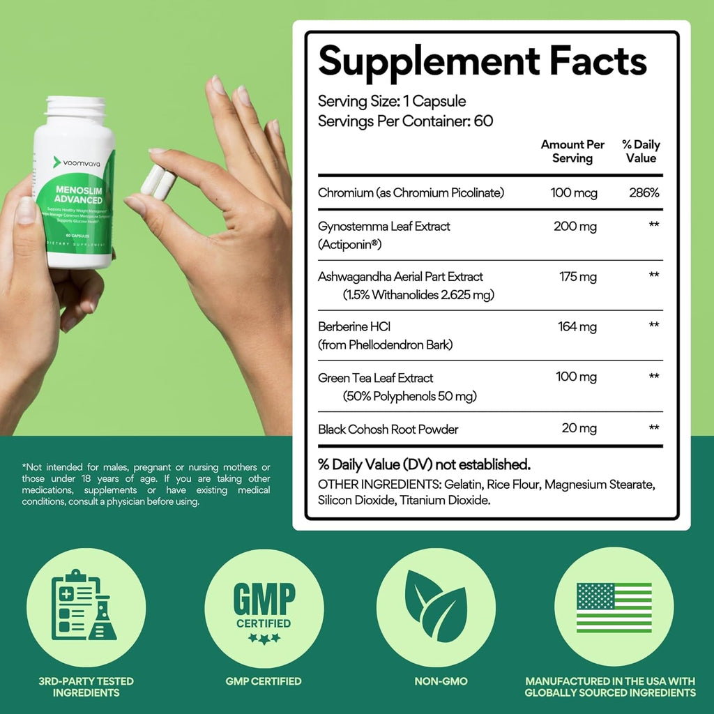 Voomvaya Menopause Weight Loss for Women – Perimenopause & Menopause Supplements for Women – Supports Healthy Metabolism & Overall Wellness Menoslim Advanced 60 Capsules