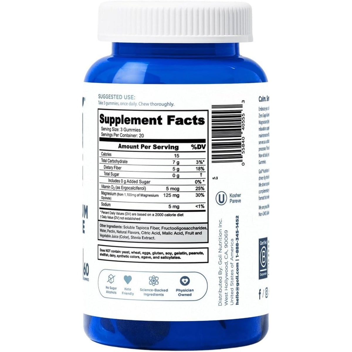 Goli Zero Sugar Magnesium Gummies - 125Mg Magnesium Citrate with Vitamin D - No Artificial Sweeteners, No Sugar Alcohols - Vegan, Keto-Friendly, Gluten-Free
