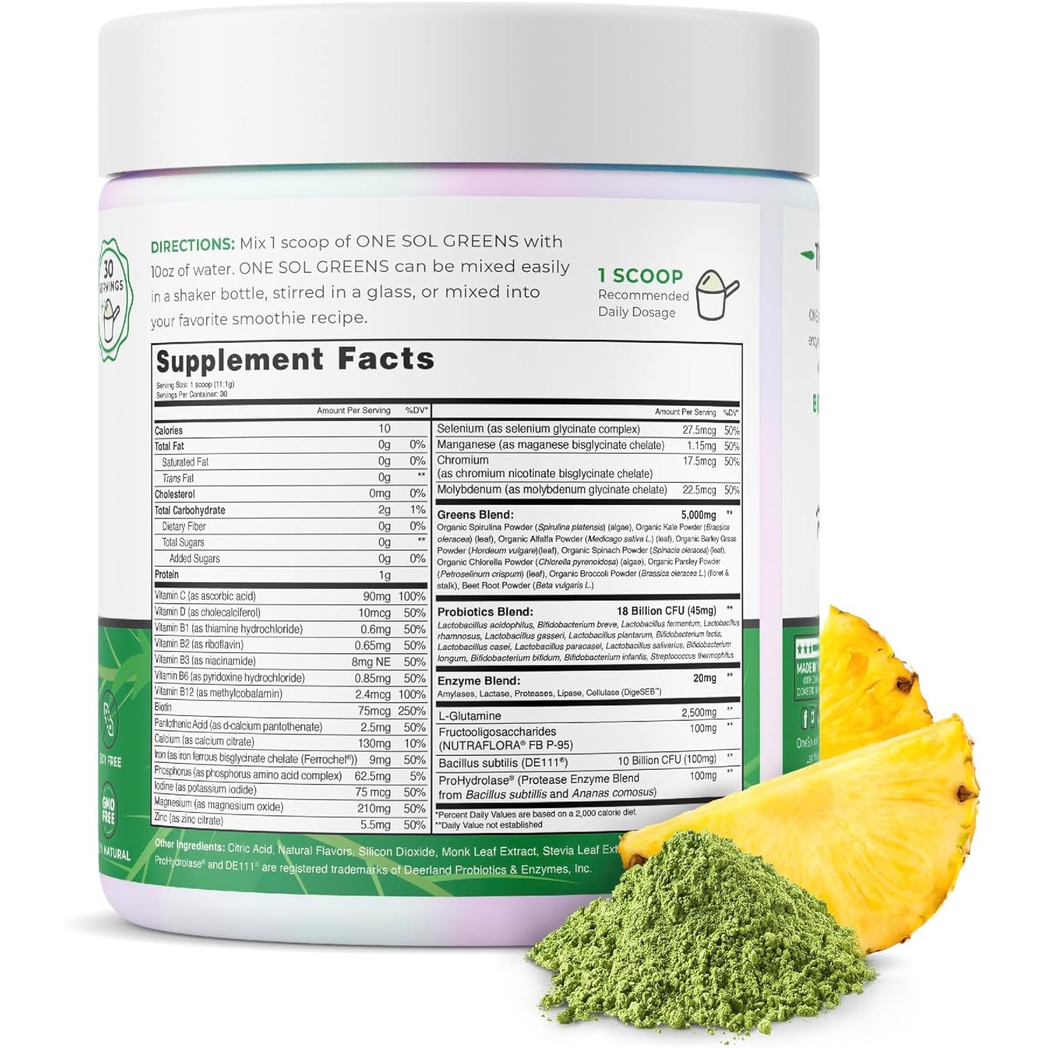 One Sol Greens, Super Greens Powder to Reduce Bloating & Improve Gut Health, Superfood Fresh Bloom Organic Greens Blend Juice & Smoothie Mix, Pre & Probiotic with Digestive Enzymes, Vegan & Soy Free