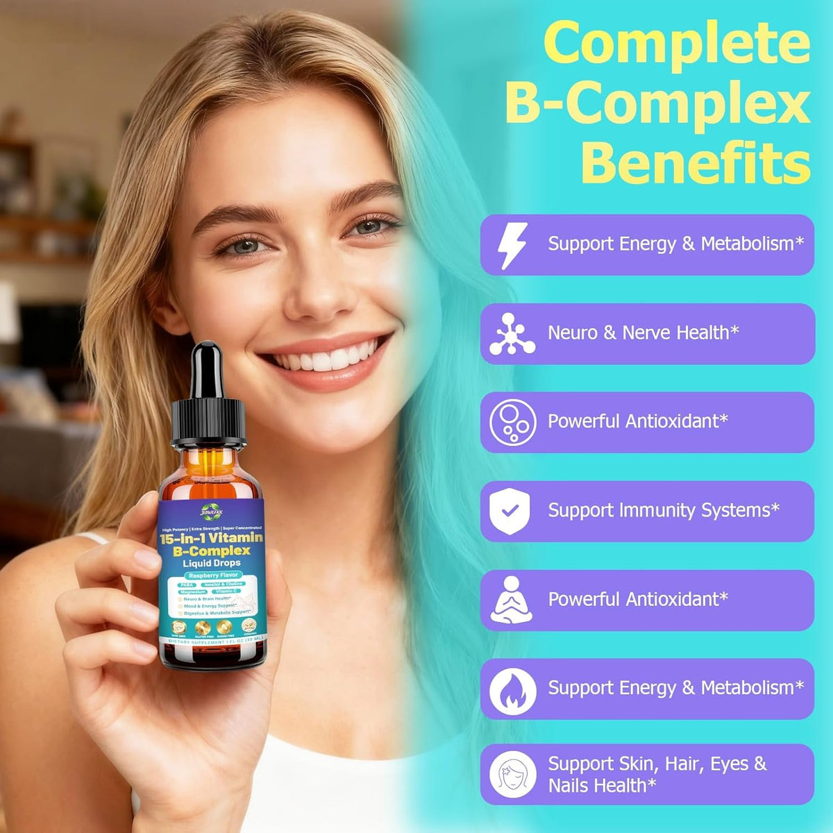Advanced Vitamin B Complex Liquid Drops for Women Men & Kids, 15-In-1 VIT B Complex with Vitamin C B12 B6 B1 Niacin Folate for Brain Nerve Neuropathy Energy Mood Health, Sublingual B-Complex Drops