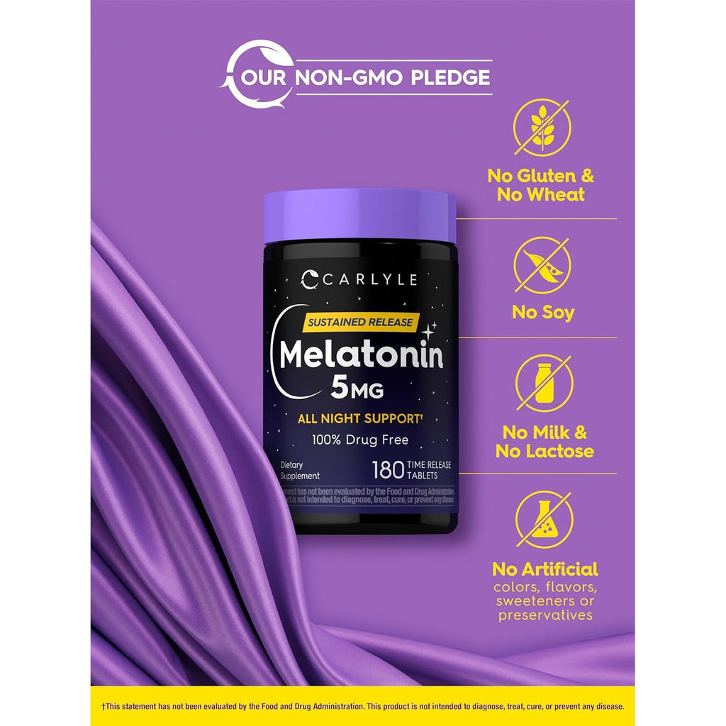 Carlyle Melatonin 5Mg | 180 Sustained Release Tablets | All Night Support Supplement | Vegan, Non-Gmo, Gluten Free Formula