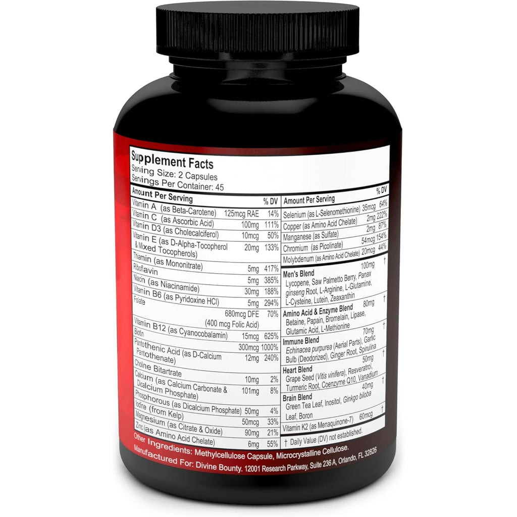 Mens Multivitamin – Daily Multivitamin for Men with Vitamin a C D E K B Complex, Calcium, Magnesium, Selenium, Zinc plus Heart, Brain, Immune, and Men'S Multivitamins – 90 Vegetarian Capsules