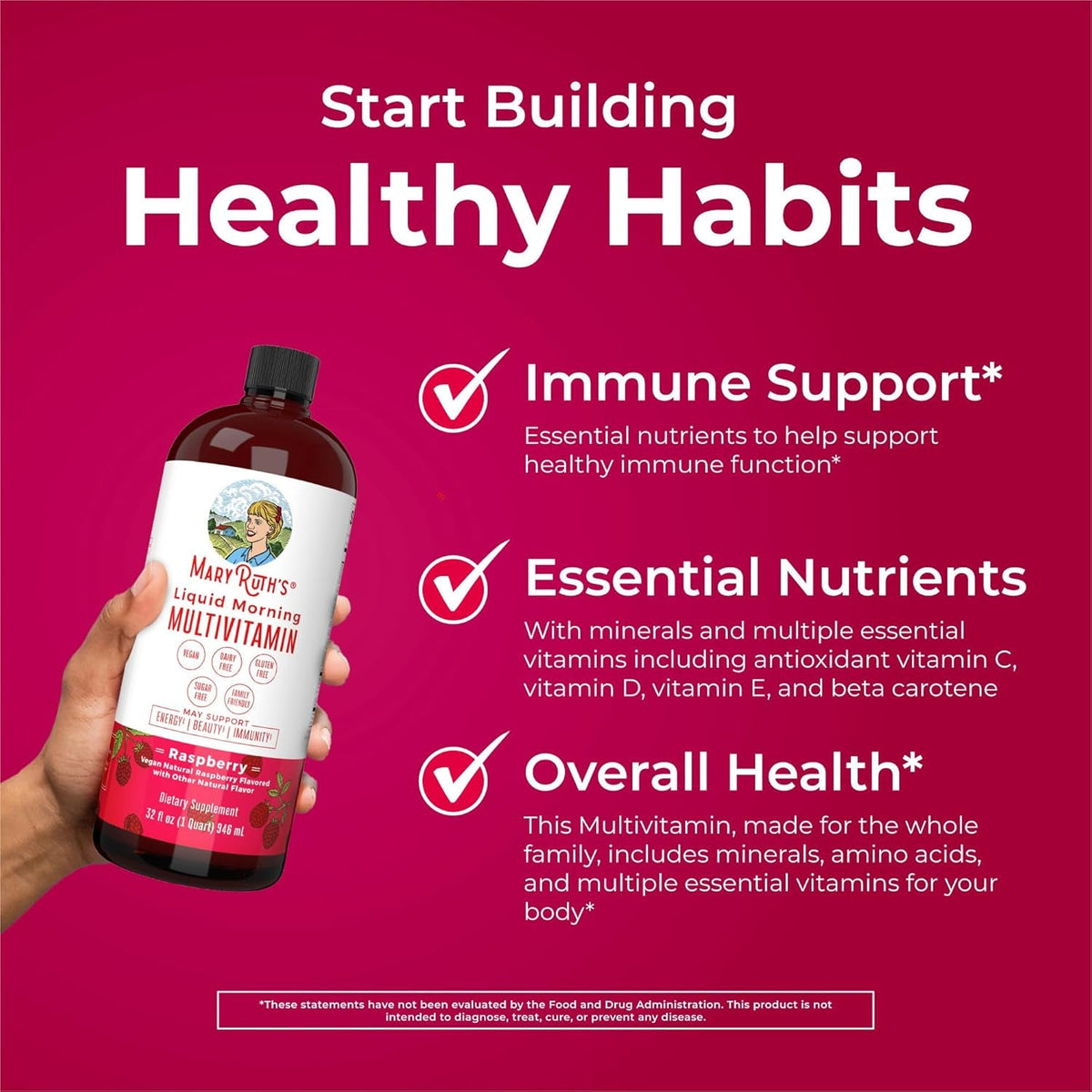 MARYRUTH'S Liquid Multivitamin for Women, Men & Kids | Vitamin a C D E B6 B12 Biotin Zinc | Immunity | Energy Metabolism | 15+ Key Nutrients | Vegan | Non-Gmo | Gluten Free | Sugar Free | 32 Servings