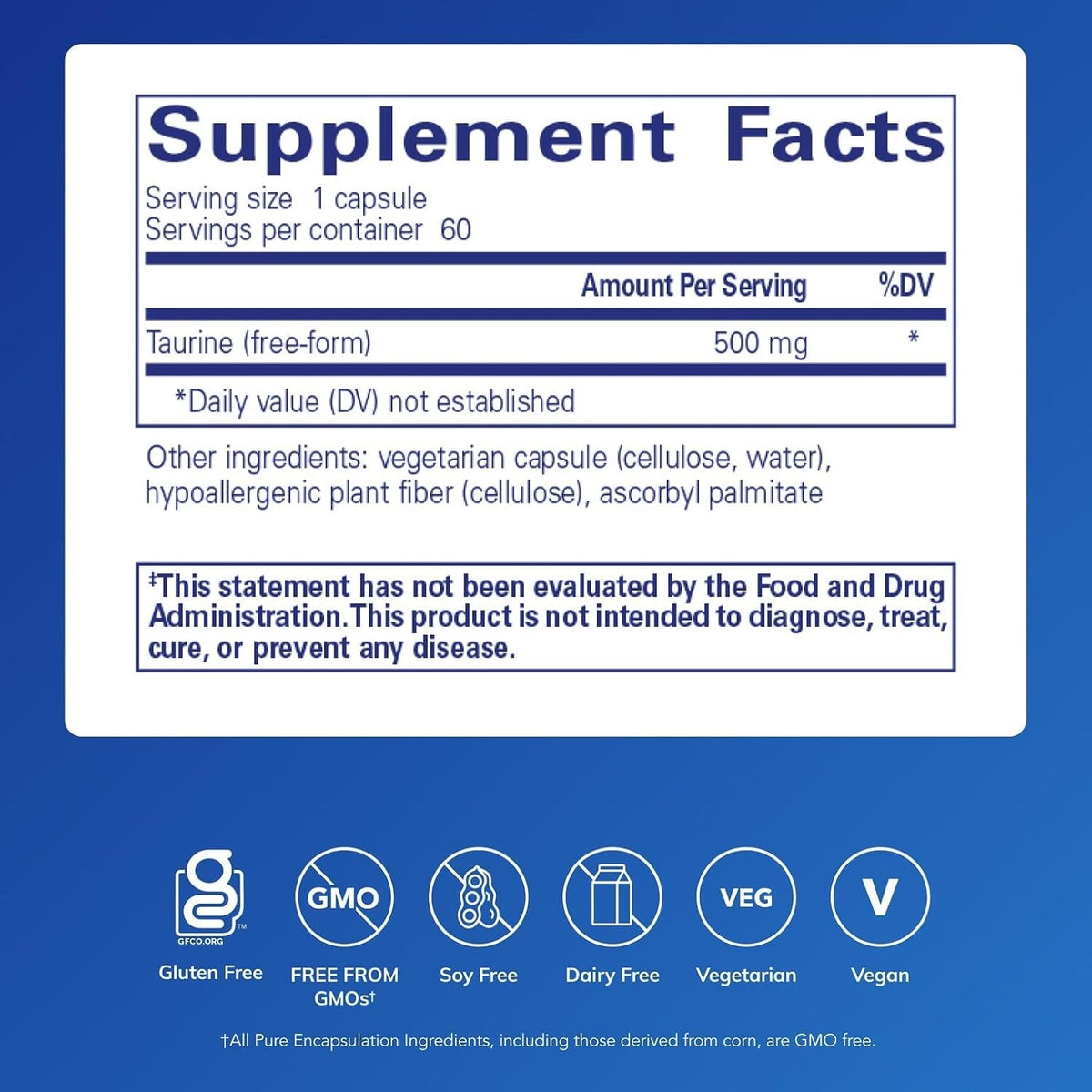 Pure Encapsulations Taurine 500 Mg | Amino Acid Supplement for Liver, Eye Health, Antioxidants, Heart, Brain, and Muscles* | 60 Capsules