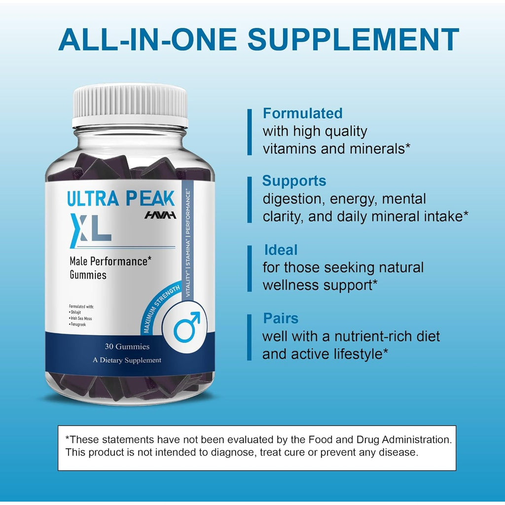 Havah Ultra Peak XL Performance Gummies, Ultrapeak XL Advanced Overall Health and Natural Performance Formula Supplement (1 Pack - 30 Gummies)