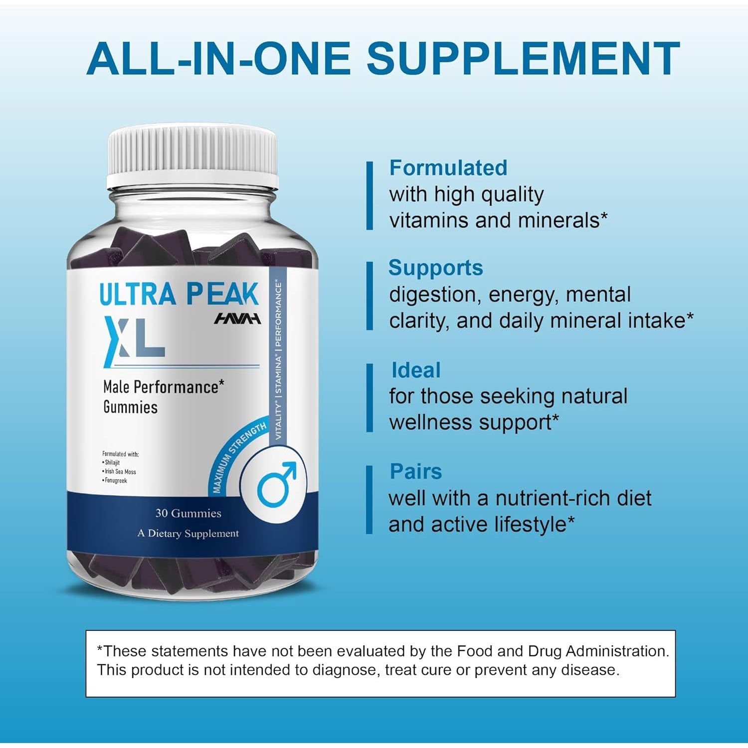 Havah Ultra Peak XL Performance Gummies, Ultrapeak XL Advanced Overall Health and Natural Performance Formula Supplement (1 Pack - 30 Gummies)