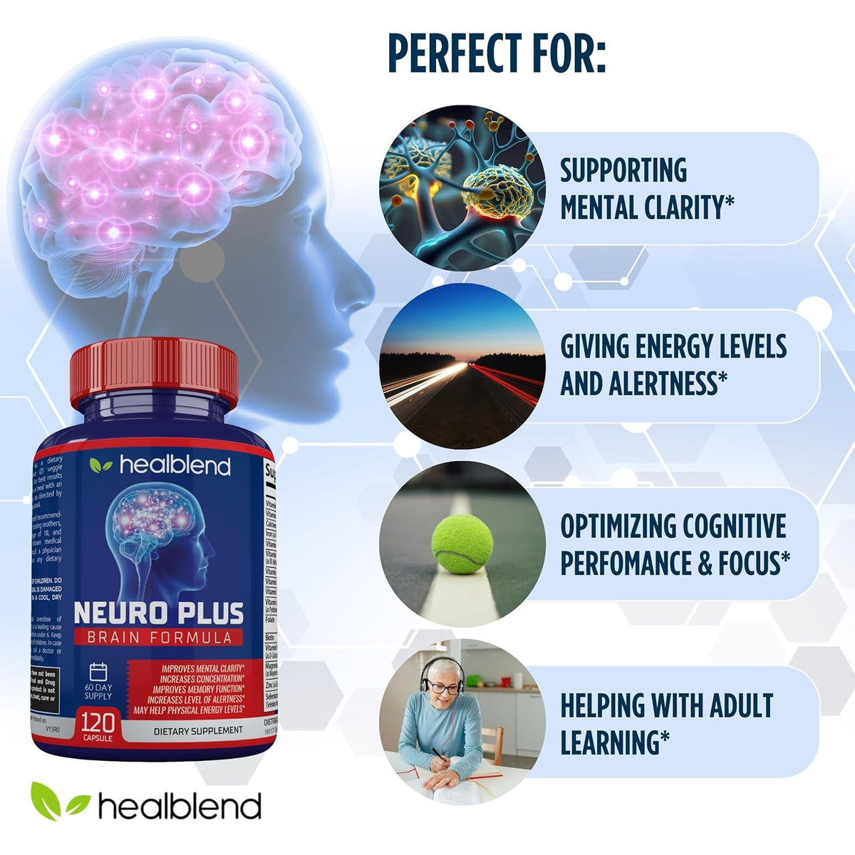 Neuro plus Brain & Focus Formula - Nootropic Brain Booster Supplement, Supports Brain Health, Mental Clarity & Focus - Enhances Concentration & Mental Energy – 120 Capsules (1)