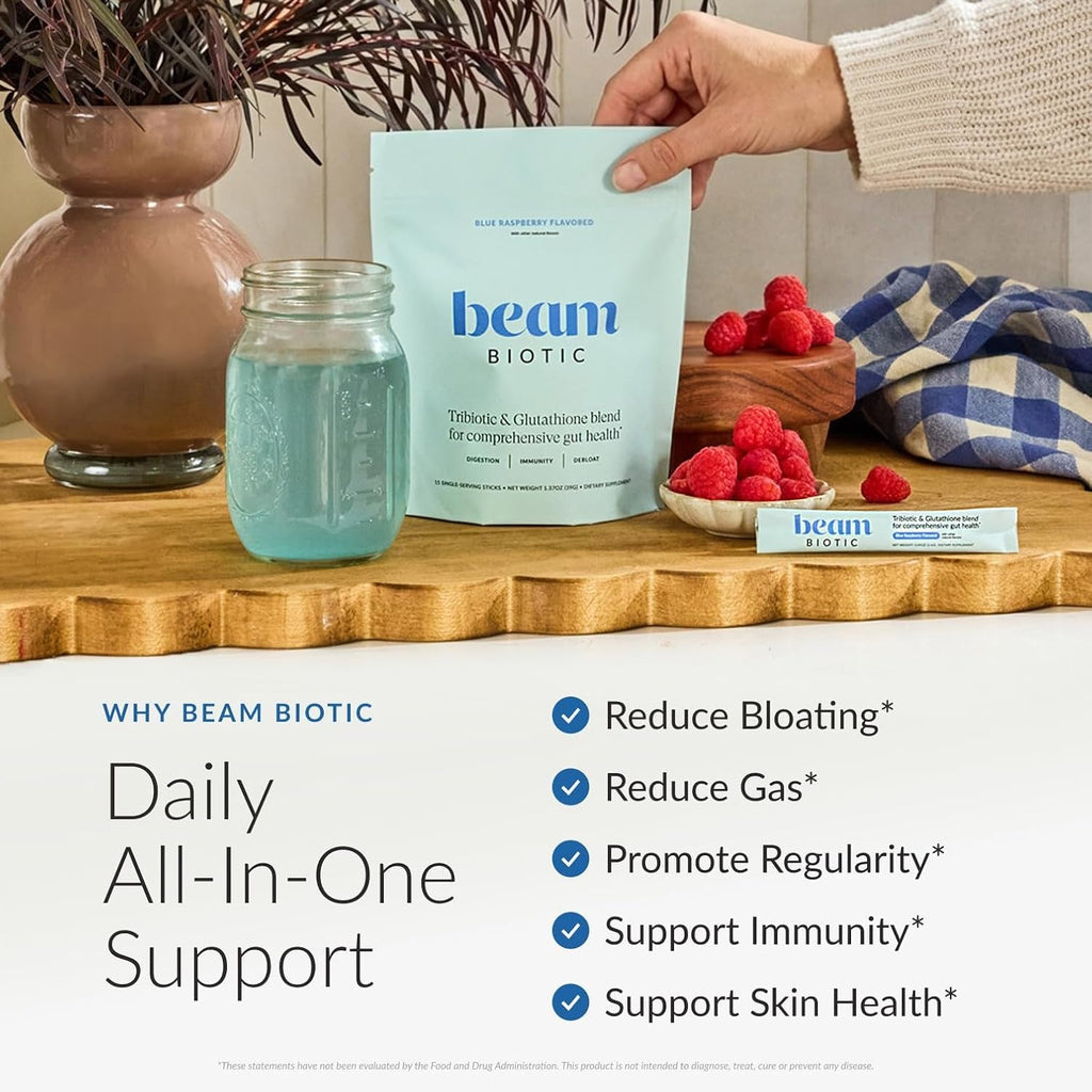 Beam Biotic Probiotics for Women – Gut Health & Digestive Health Powder with Pre, Pro & Postbiotics + Glutathione, Daily Probiotic Drink for Bloating Relief & Gut Balance, 15 Servings, Blue Raspberry