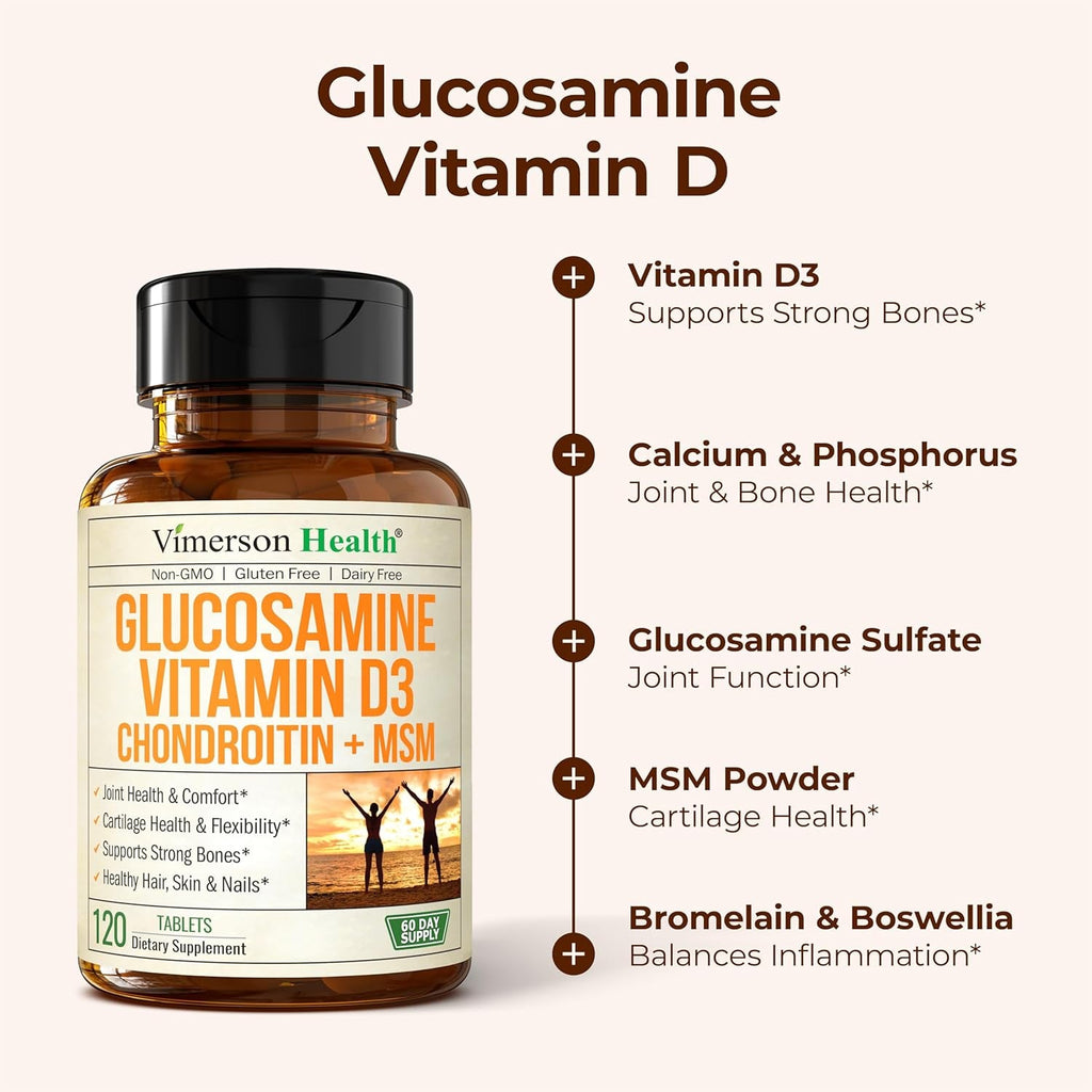 Vitamin D3 2000IU & Glucosamine Chondroitin – Daily Joint Support Supplement for Hair Skin Nails, Bone Health & Comfort with Boswellia Extract, Bromelain, Glucosamine Sulfate – FSA Eligible 120 Tabs