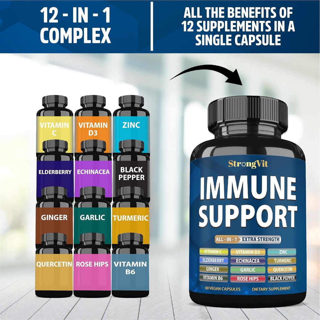 Strongvit Immune Support Supplement 12 in 1 Complex with Vitamin C, D3, Zinc, Echinacea, Elderberry, Ginger, Turmeric. Immune Defend for Men & Women, Non-Gmo, Gluten-Free, Vegan, USA