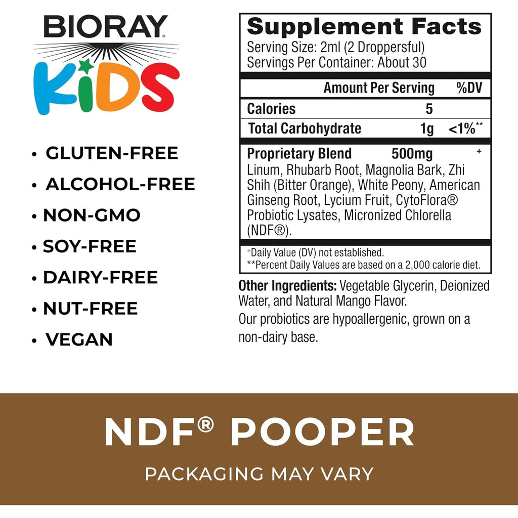 BIORAY Kids NDF Pooper, Mango - 2 Fl Oz - Bowel Mover - Non-Gmo, Vegan, Gluten Free - 30 Servings