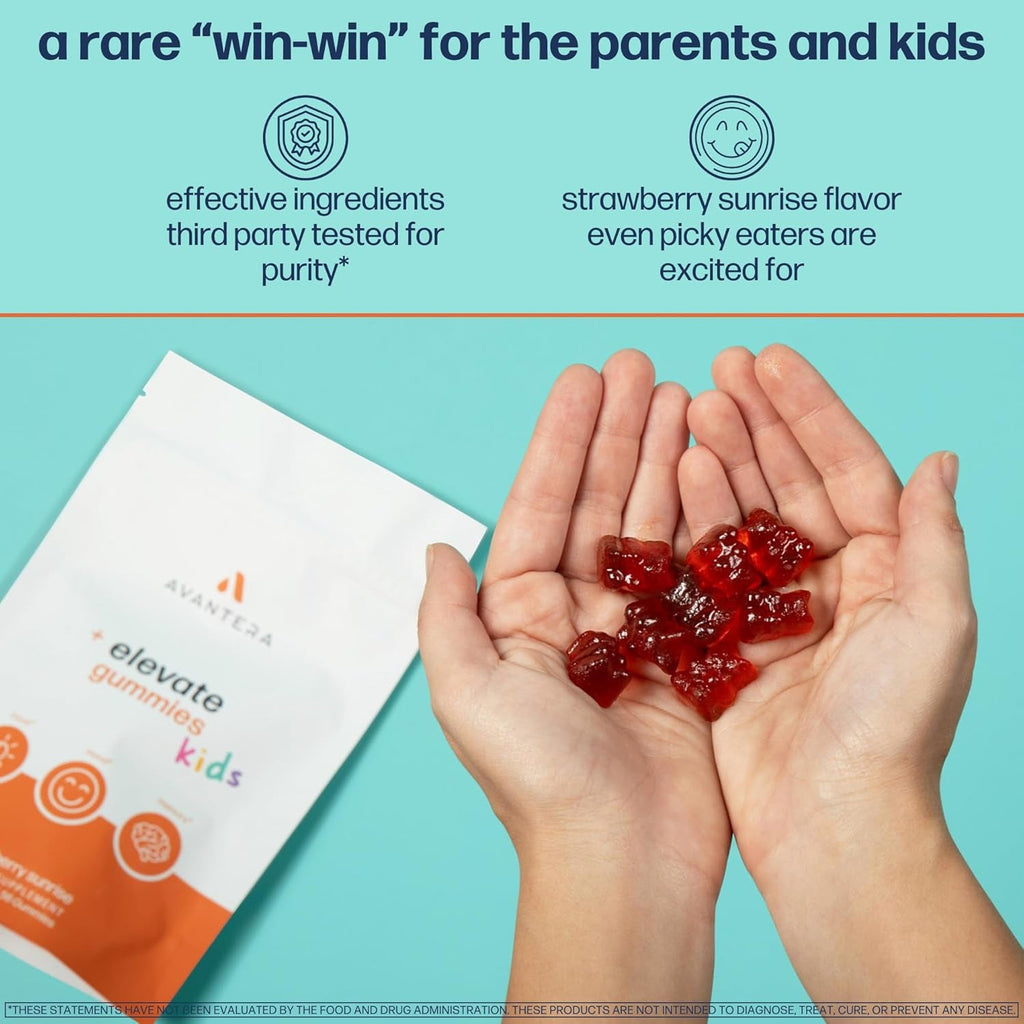 Avantera Elevate Kids Gummies - Best Focus Gummies for Memory & Brain Support - No Caffeine - Low Sugar - 56 Gummies for Ages 6+