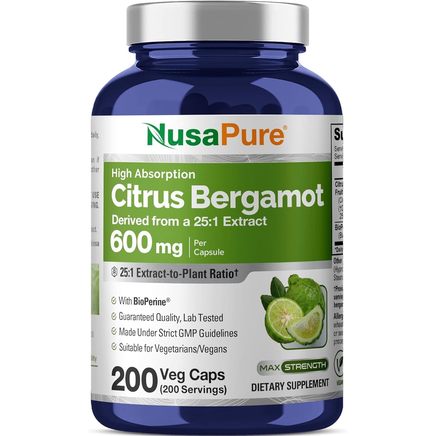 Nusapure Citrus Bergamot Capsules, 600 Mg, 200 Veg Capsules (Non-Gmo, Vegan)