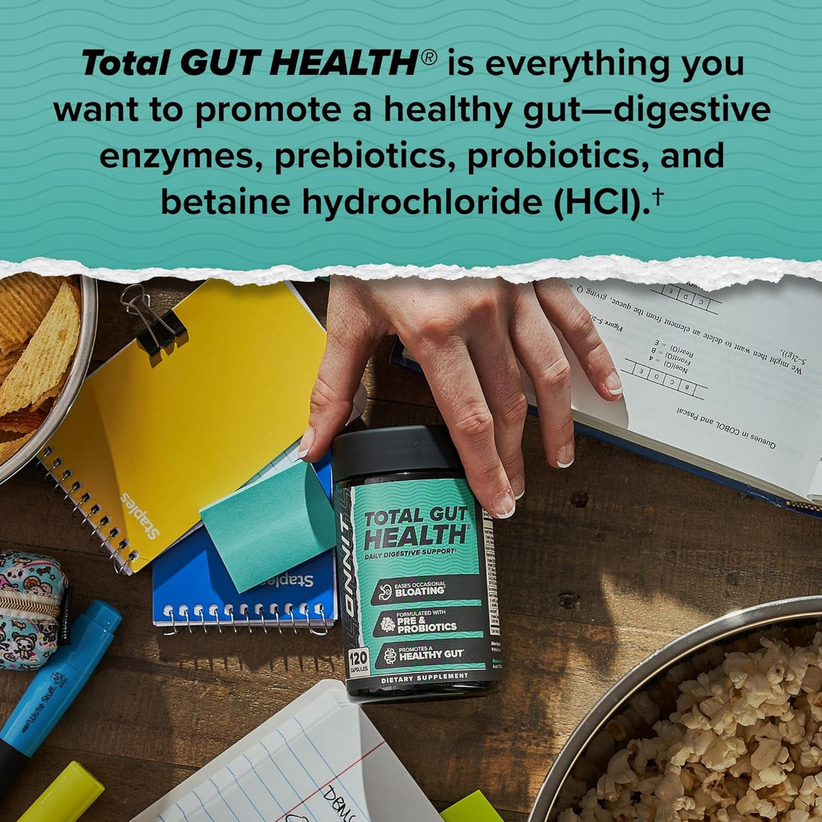 ONNIT Total Gut Health Daily Digestive Support, IGEN™ Non-Gmo Tested Digestion Supplement for Women and Men with 7 Strains of Probiotics, Prebiotics, Enzymes and Betaine HCL, 60 Count