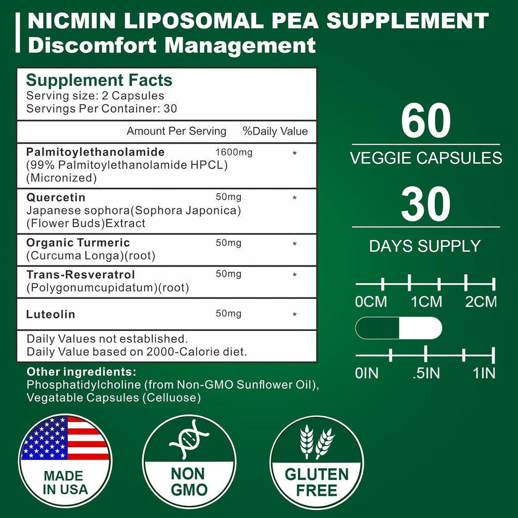 1600MG Palmitoylethanolamide 99% with Luteolin & Quercetin, High Absorption, Pea Supplement 60 Capsules