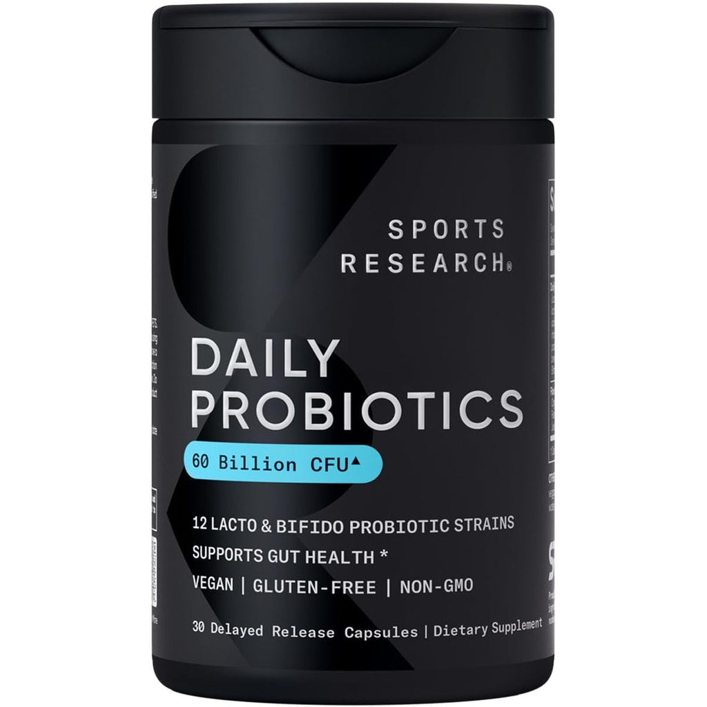 Sports Research Daily Probiotics with Prebiotics, 60 Billion CFU - Vegan Capsules for Gut Health & Digestive Support, Probiotics for Women & Men - Non-Gmo Verified & Gluten Free - 30 Count