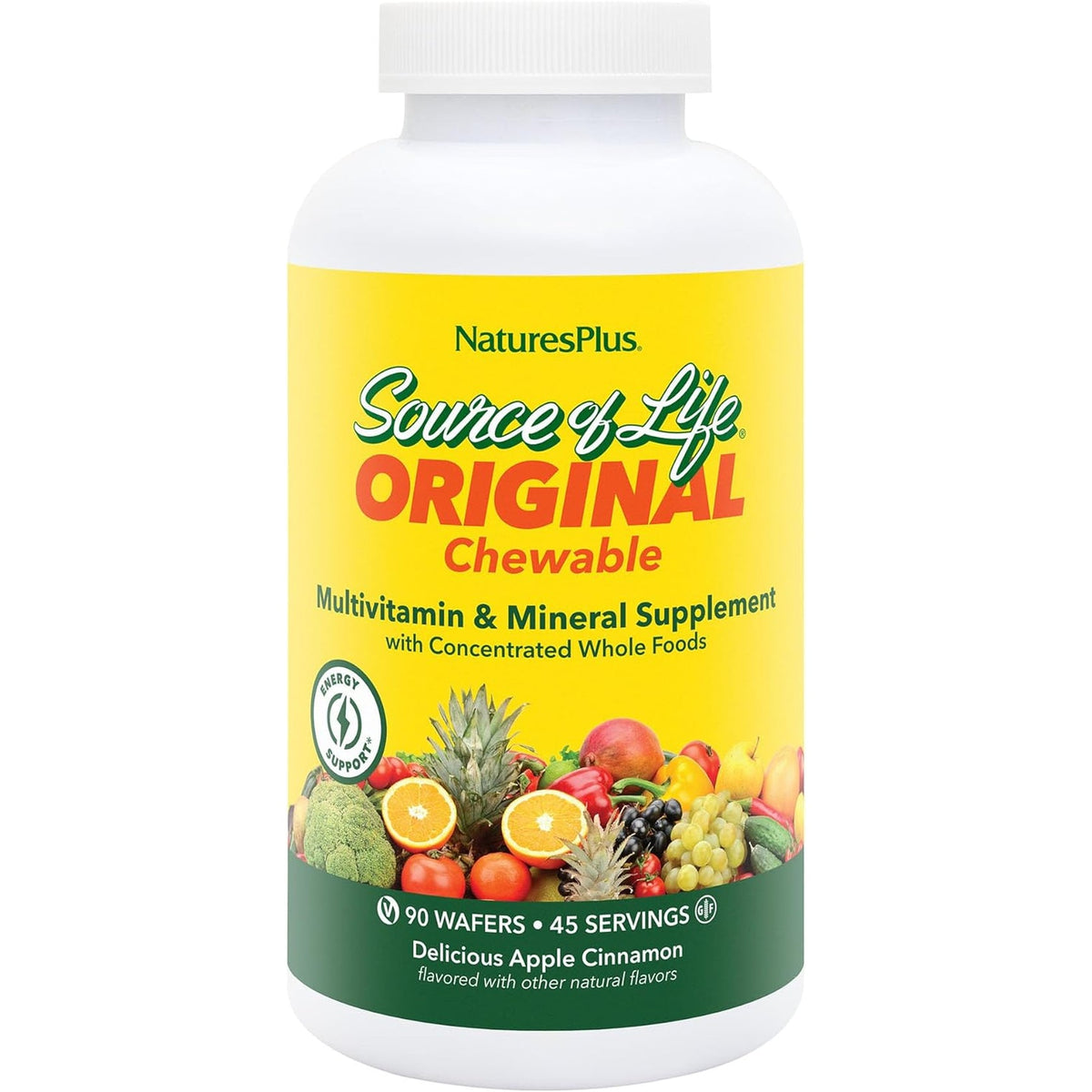 Naturesplus Source of Life Adult’S Chewable, Apple Cinnamon - 90 Wafers - Multivitamin & Mineral Supplement - Immune & Digestive Health Support with Vitamin D3 - Gluten Free, Vegetarian - 45 Servings