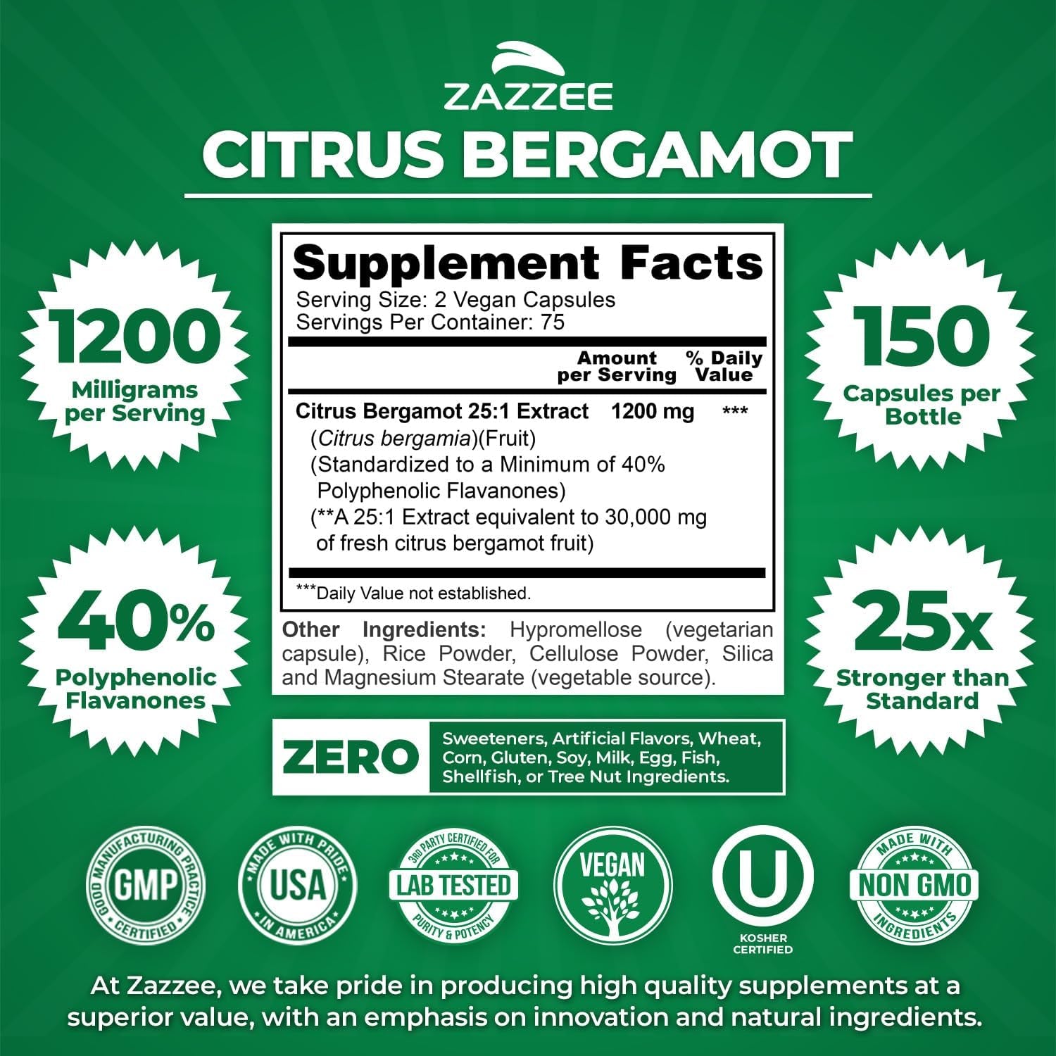Zazzee Citrus Bergamot 25:1 Extract, 1200 Mg per Serving, 40% Polyphenolic Flavanones, 150 Vegan Capsules, 5 Month Supply, Citrus Bergamia, Antioxidant Support, Certified Kosher, Non-Gmo, Made in USA