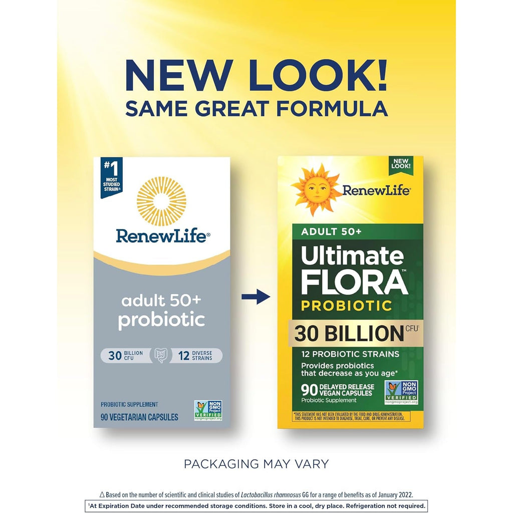 Renew Life Probiotic Adult 50 plus Probiotic Capsules, Daily Supplement Supports Urinary, Digestive and Immune Health, L. Rhamnosus GG, Dairy, Soy and Gluten-Free, 30 Billion CFU, 90 Count