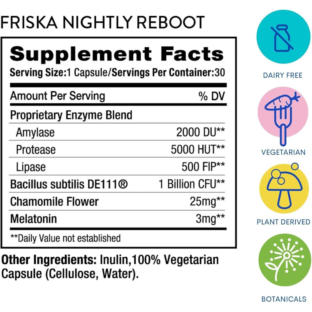 Friska Nightly Reboot - Nighttime Digestive Enzymes, Probiotic for Gut Balance & Bloating Support, with Melatonin & Chamomile to Promote Relaxation & Sleep, 30 Capsules