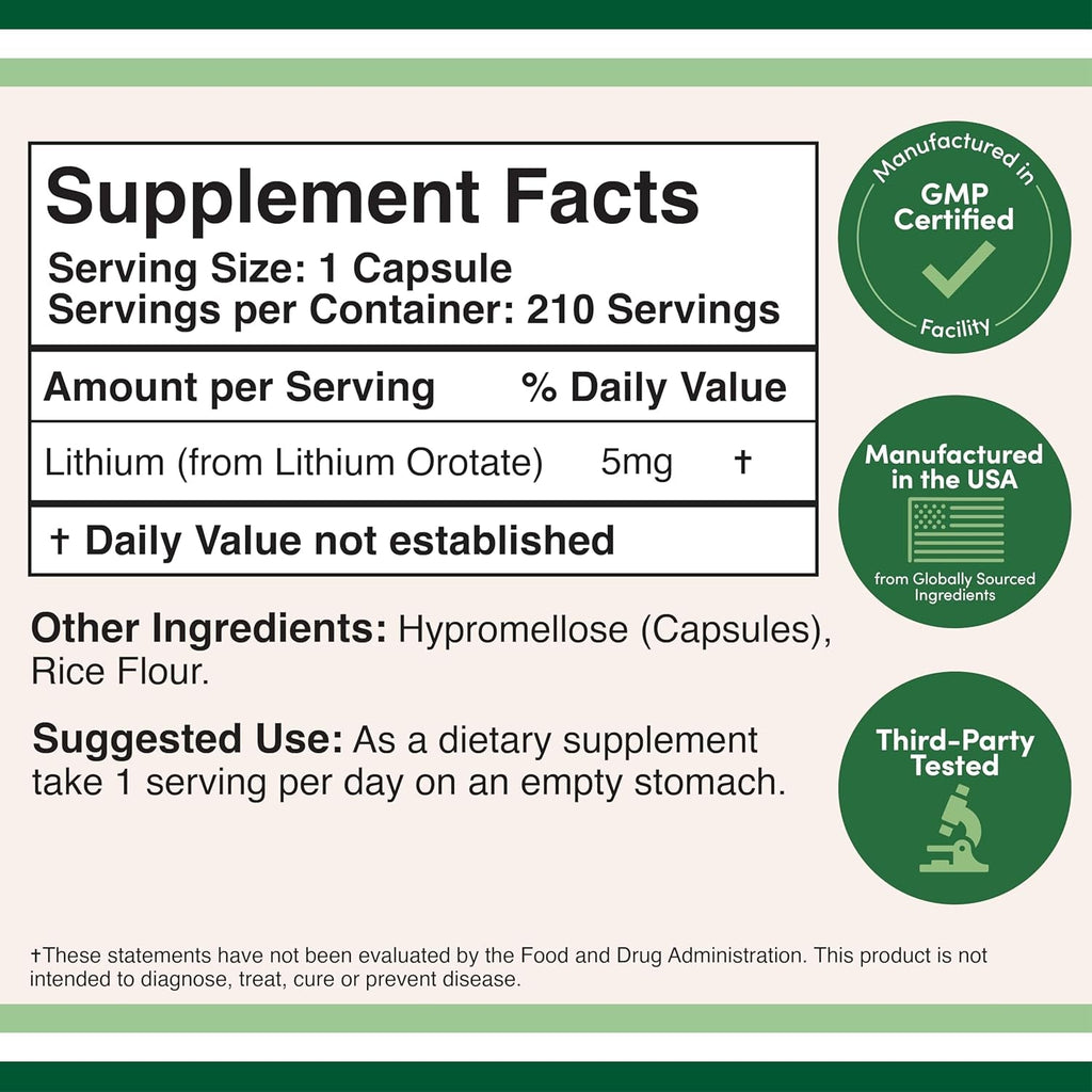 Lithium Orotate 5Mg of Elemental Lithium for Cognition and Brain Health, 210 Capsules (Third Party Tested, Vegan Safe, Non-Gmo) by Double Wood Supplements