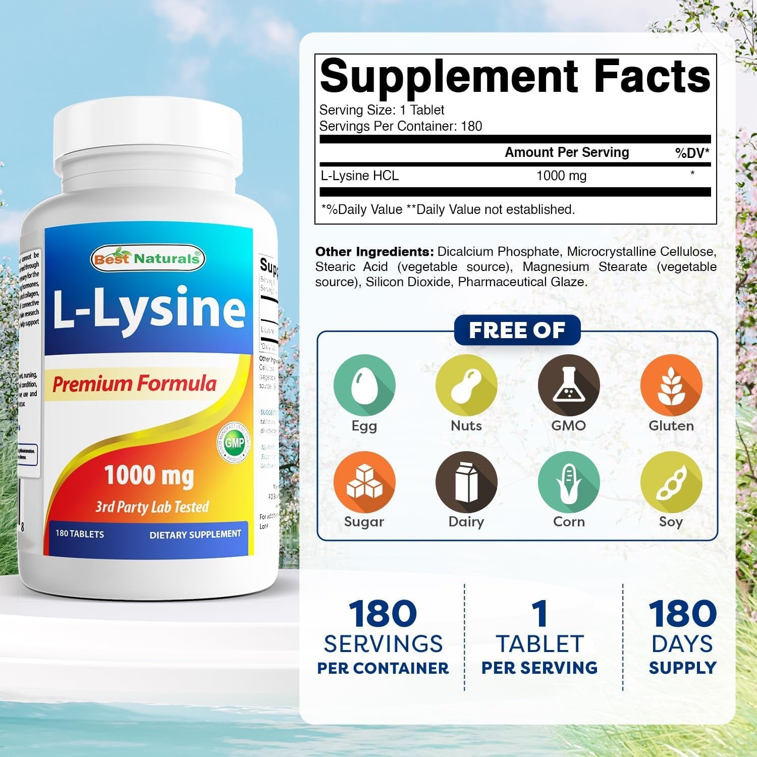Best Naturals L-Lysine 1000Mg 180 Tablets - Double Strength Lysine for Stronger Immune Health & Cold Sores