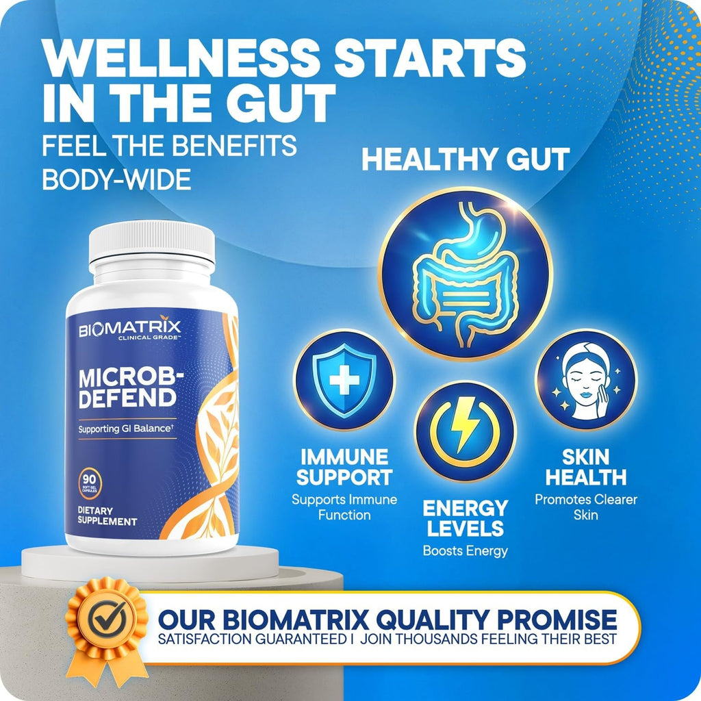 Biomatrix Biofilm Disruptor, GI Repair Digestive Supplement for Men and Women, Oil of Thyme, Oregano & Clove, Gut Microbiome & Intestinal Health Support | Microb-Defend (90 Softgels)