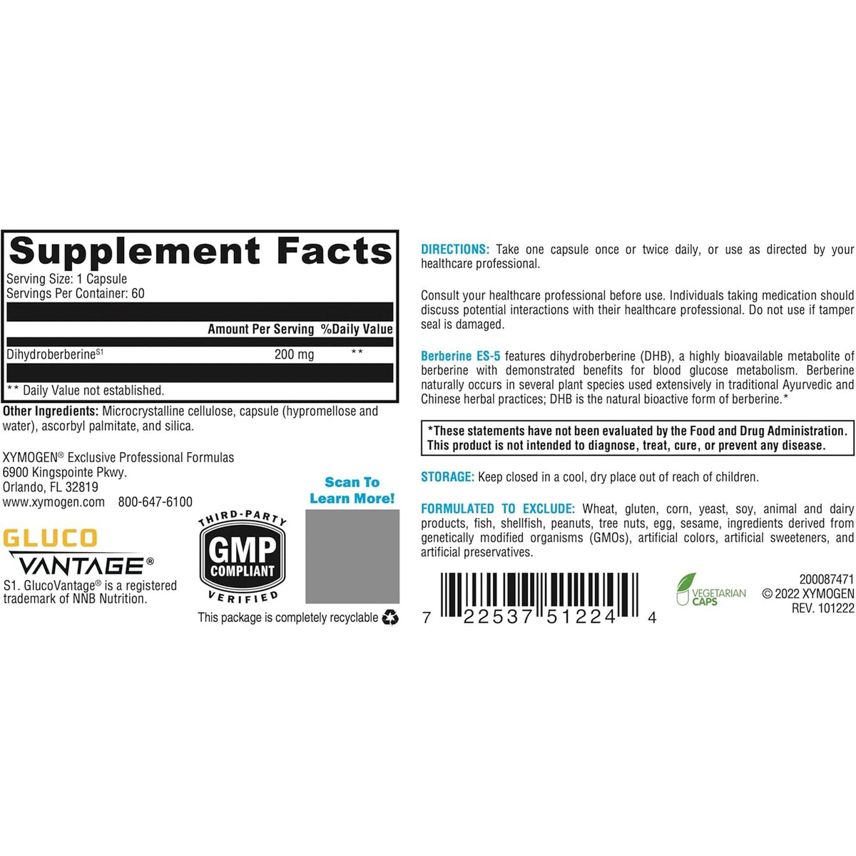 XYMOGEN Berberine ES-5 - 200 Mg Dihydroberberine Supplement - Metabolic & Lipid Metabolism Support - Supports Berberine Activity - Vegan, Non-Gmo & Gluten-Free - 60 Capsules
