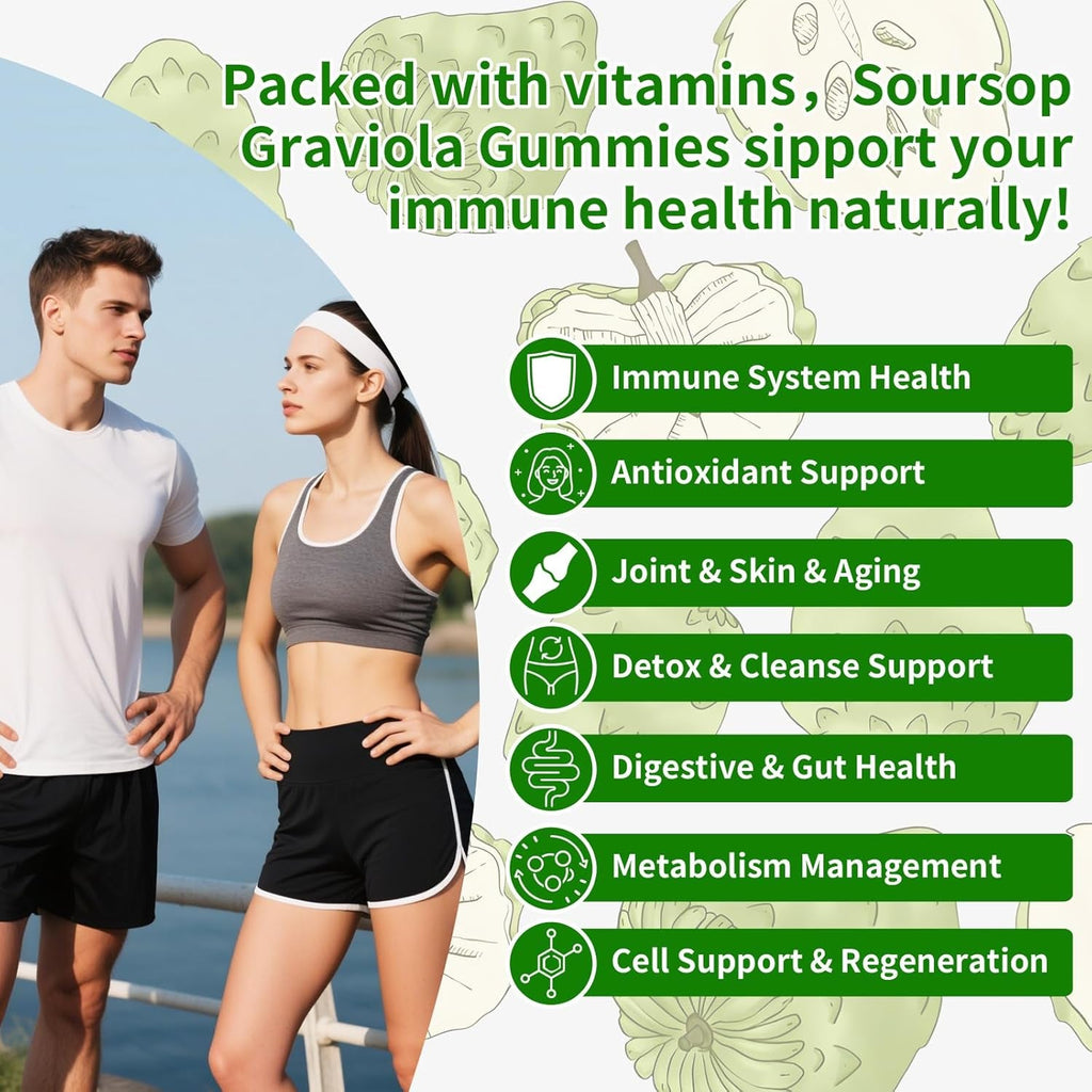 Soursop Graviola Gummies, Max Strength Soursop Leaves Extract with Sea Moss & Zinc for Cell Support & Regeneration, Immunity, Liver and Antioxidant, Sugar/Gluten Free, Vegan - 60 CT