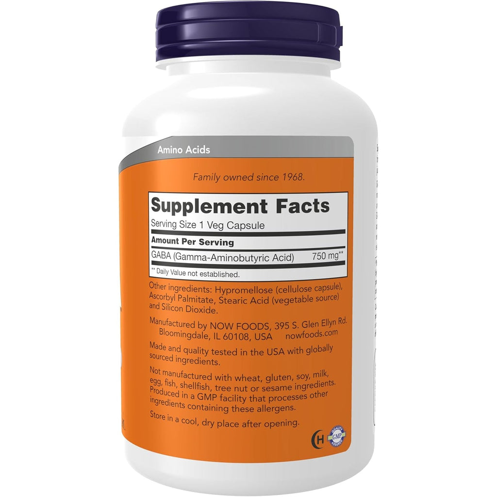 NOW Foods Supplements, GABA (Gamma-Aminobutyric Acid) 750Mg, Neurotransmitter Support*, 200 Veg Capsules