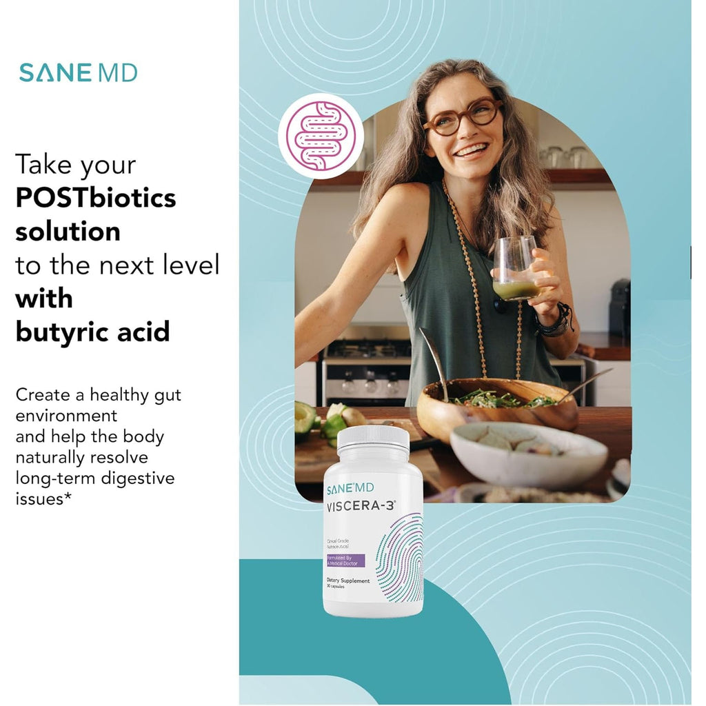 SANE MD - Viscera 3 Postbiotics with Tributyrin - Sodium Butyrate Supplement for Gas and Bloating Relief - Gut Health - IBS & Leaky Gut Butyric Acid Supplement - NSF Certified - 30 Capsules