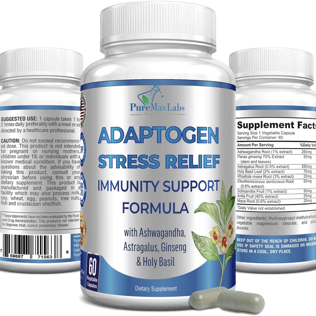 Adaptogen Stress Relief Immune Support Formula - Adaptogenic Adrenal Support with Ashwagandha, Astragalus, Ginseng, Holy Basil, Rhodiola, Amla, Maca, Schisandra, Non-Gmo - 60 Capsules