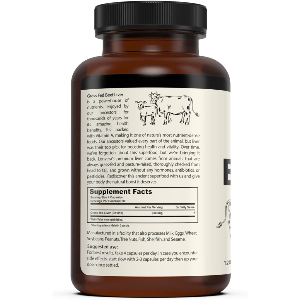 Lonvera Grass Fed Beef Liver Capsules for Women and Men – 3000Mg Freeze Dried Desiccated Organs – Nutrient Source for Joints, Bones, Hair, Skin, Nails & Daily Energy – 120 Pasture-Raised Capsules