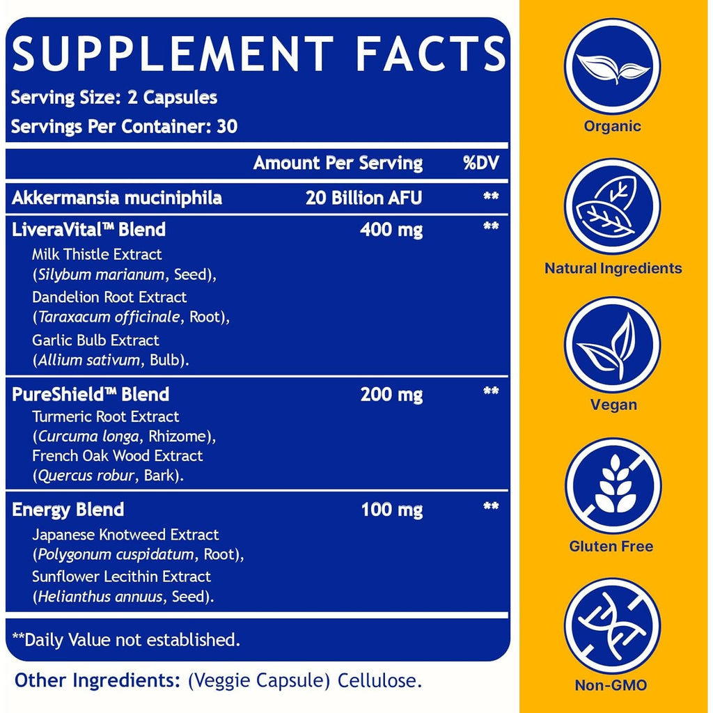 Liver Detoxify Repair & Cleanse, 20 Billion Afu Akkermansia Probiotic with Milk Thistle, Dandelion & Turmeric, 8-In-1 Herbal Formula for Liver Support & Renew, Antioxidant, Gut & Skin Health, 60 Caps