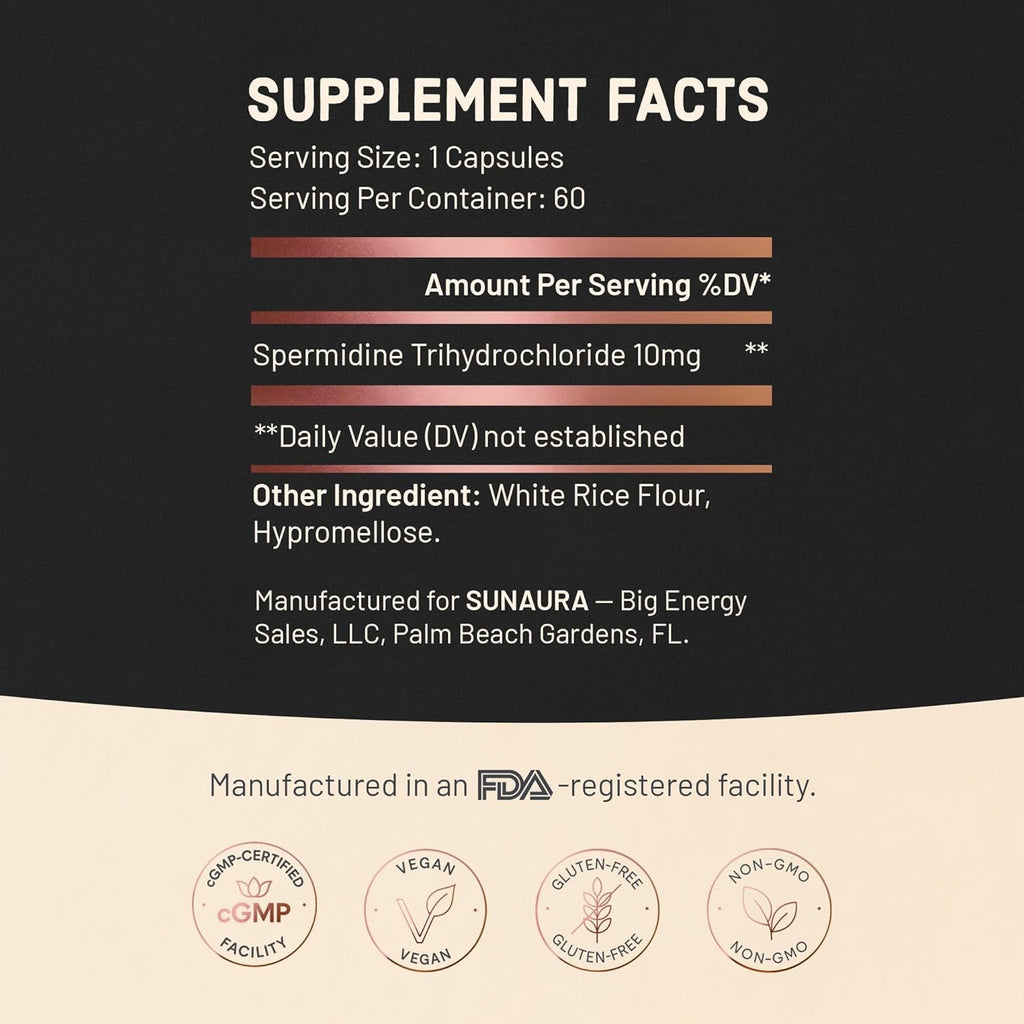 SUNAURA Spermidine Supplement 10 Mg (Spermidine 3Hcl) – High Potency Autophagy & Cellular Renewal Support – Longevity, Energy & Focus – Non-Gmo, Gluten-Free, 60 Capsules