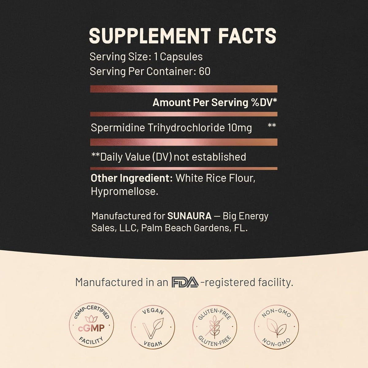 SUNAURA Spermidine Supplement 10 Mg (Spermidine 3Hcl) – High Potency Autophagy & Cellular Renewal Support – Longevity, Energy & Focus – Non-Gmo, Gluten-Free, 60 Capsules