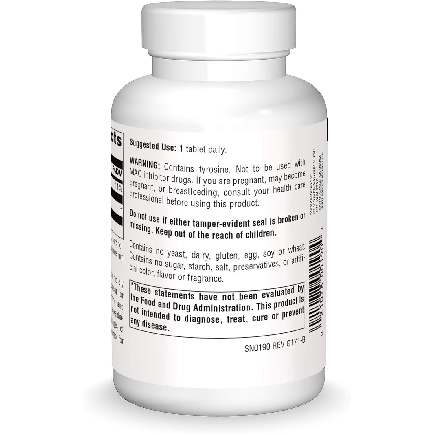 Source Naturals L-Tyrosine -Free Form Amino Acid Supplement - 100 Tablets