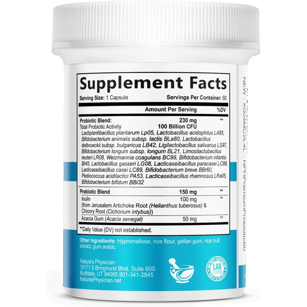 Nature'S Physician Probiotics - 100 Billion CFU per Capsule - 16 Strains + Prebiotics - Best Probiotic Supplement for Women & Men - Supports Immune, Digestive Health, Constipation & Gas - 60 Capsules