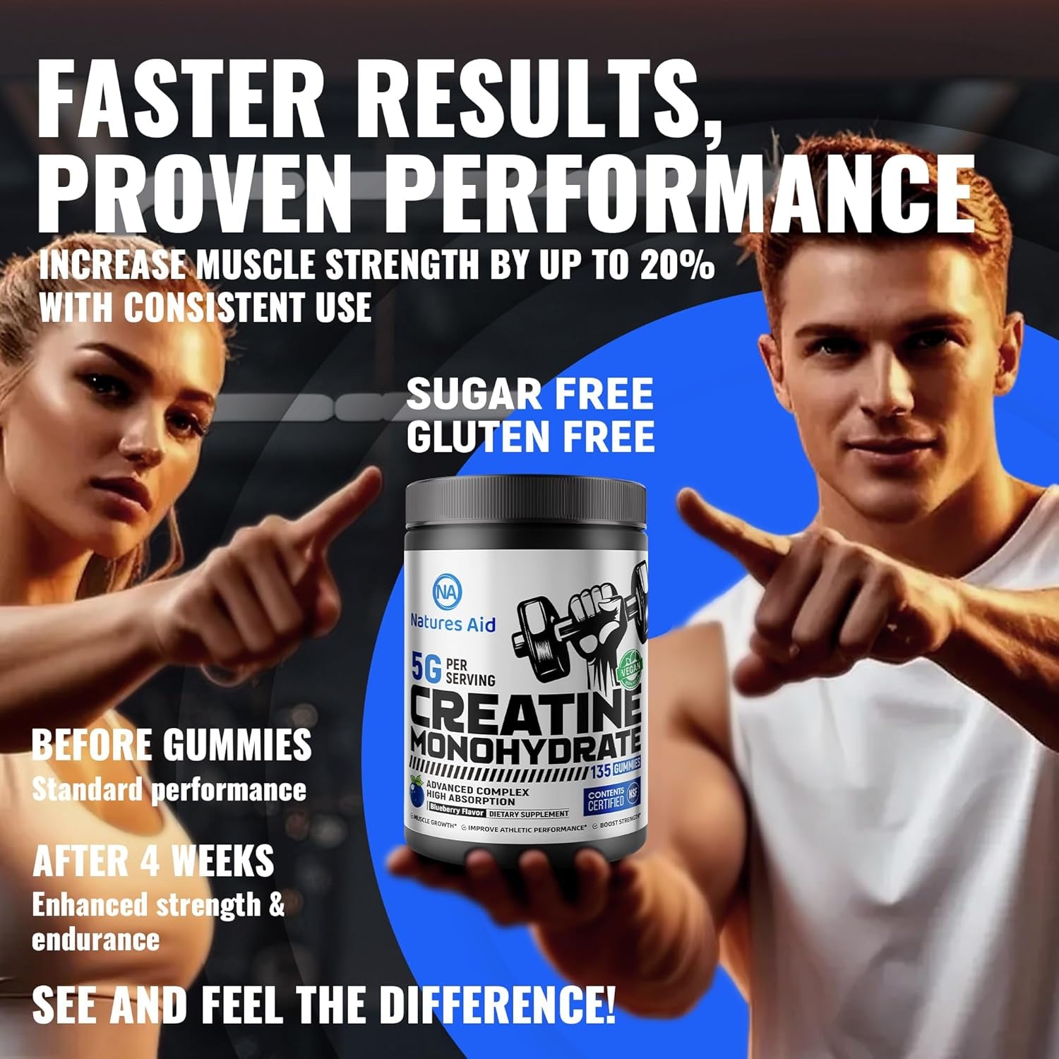 Natures Aid NSF Certified Creatine Gummy 5G - Creatine Monohydrate Gummies – Pre-Workout Energy & Muscle Growth Support for Men & Women | Blueberry Electrolyte Gummies (135 Count)