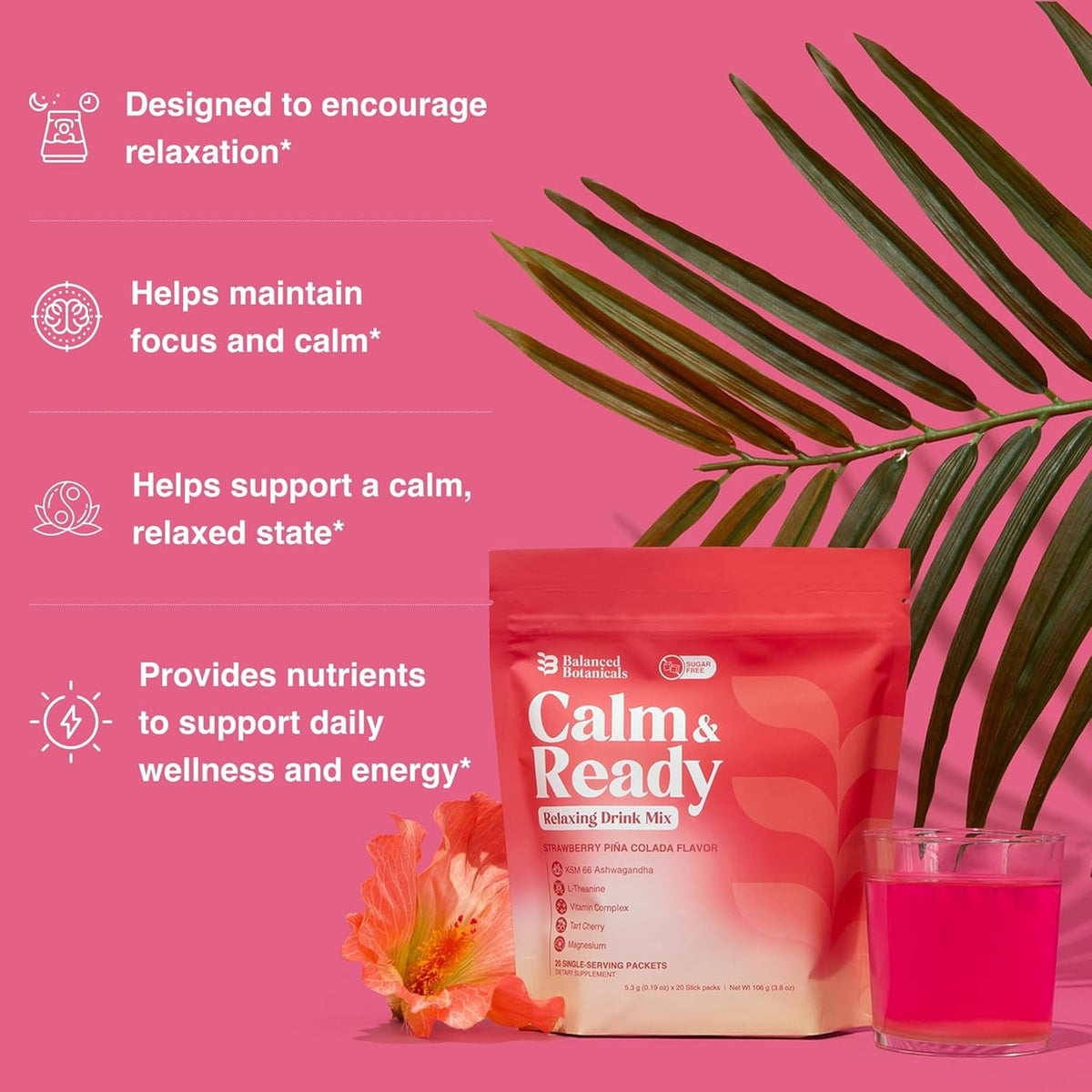 Calm and Ready Powder Mix, Cortisol Reducer* Sleep & Relaxation Aid, Magnesium Glycinate, Ashwagandha KSM-66, L-Theanine, Tart Cherry, Sugar Free, 20 Packets, Strawberry Pinacolada